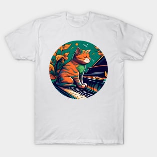 Funny Cat Kitty Playing Keyboard Piano Funny Player T-Shirt